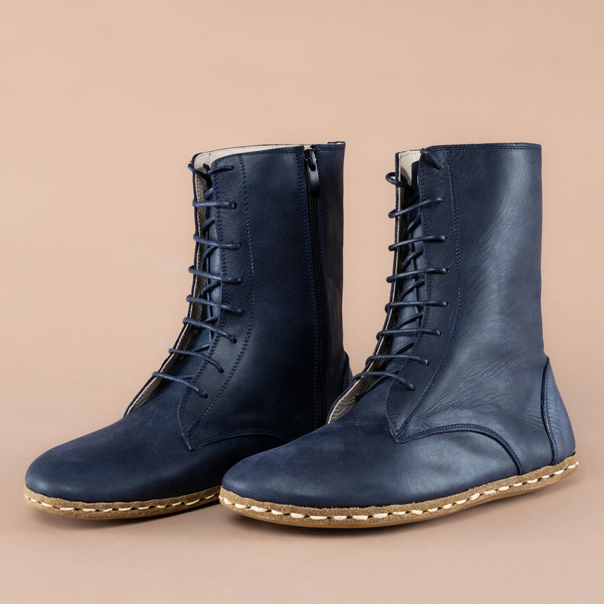 Blaue hohe Barefoot-Stiefeletten für Damen