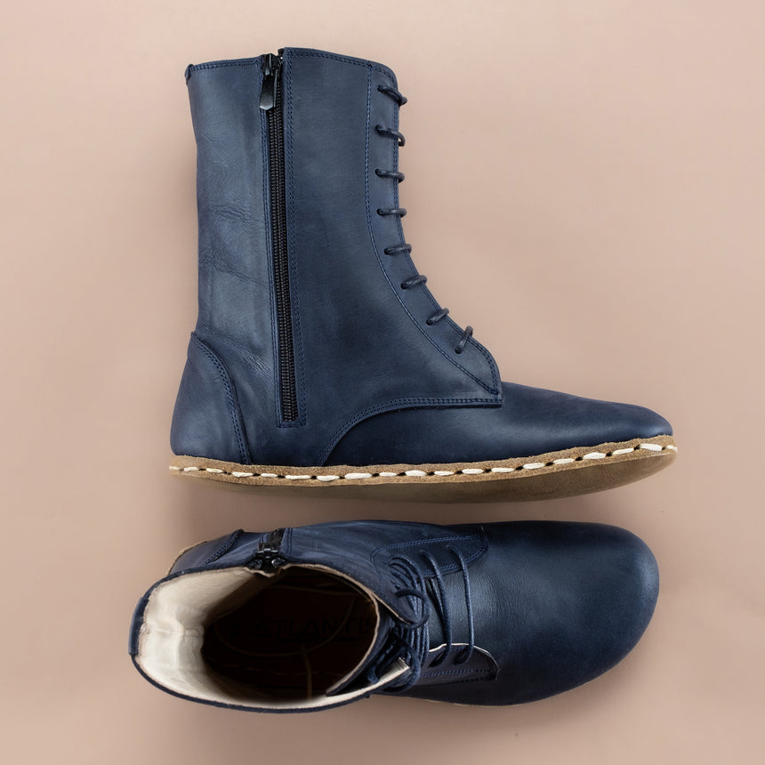 Blaue hohe Barefoot-Stiefeletten für Damen