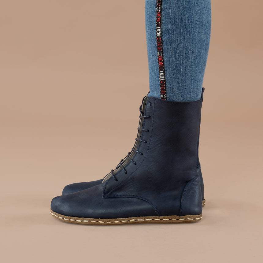 Blaue hohe Barefoot-Stiefeletten für Damen