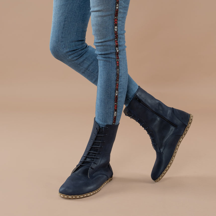 Blaue hohe Barefoot-Stiefeletten für Damen