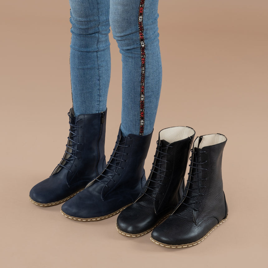 Blaue hohe Barefoot-Stiefeletten für Damen