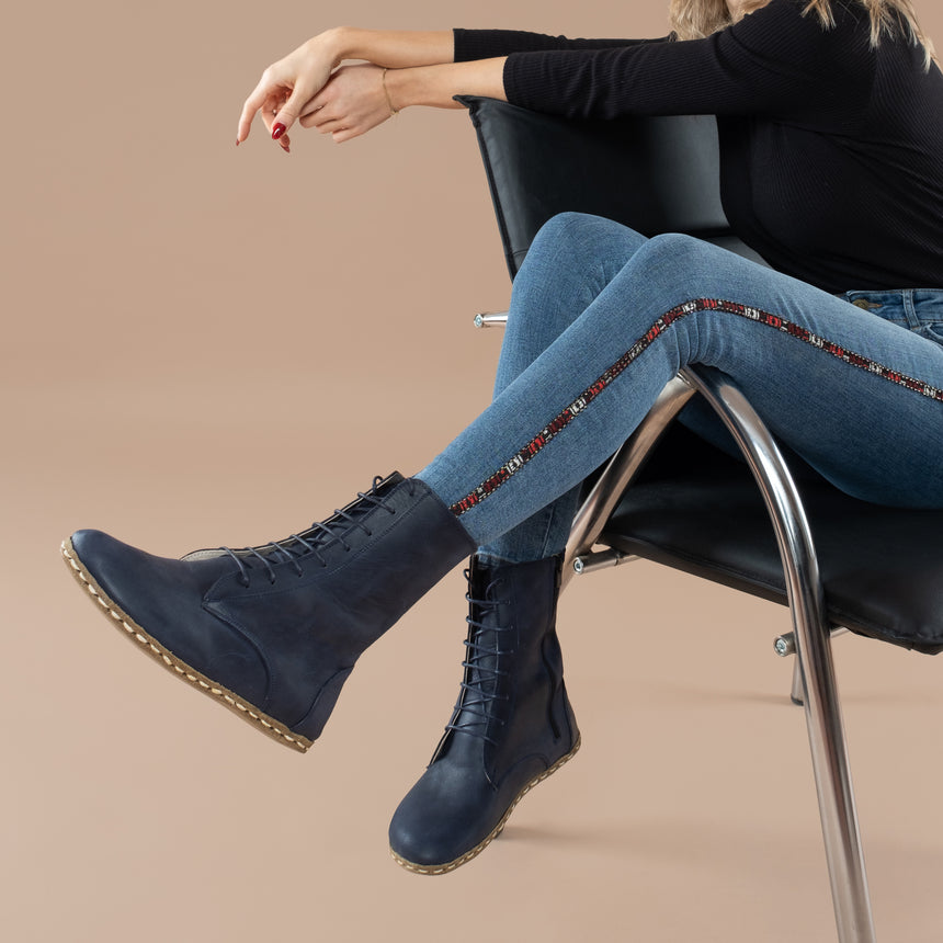 Blaue hohe Barefoot-Stiefeletten für Damen