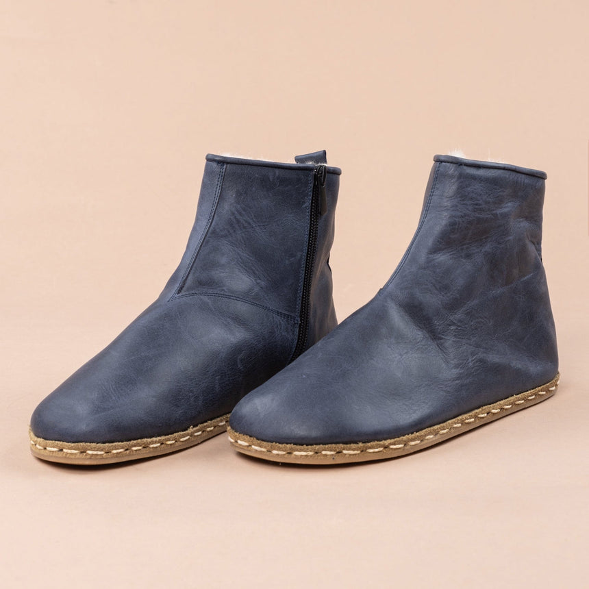 Blaue Barfußstiefel für Damen mit Fell