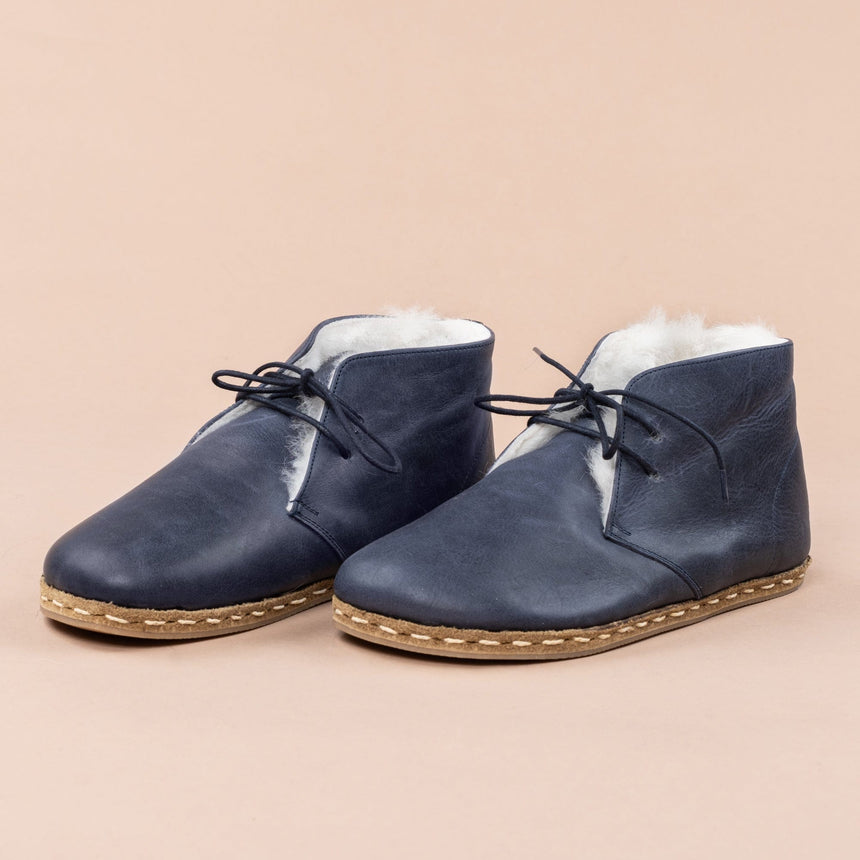 Men's Leather Blue Barefoot Oxford Boots with Fur