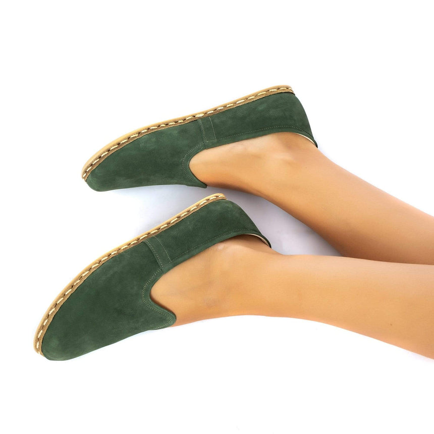 Grüne Nubukleder-Slip-On-Schuhe für Damen