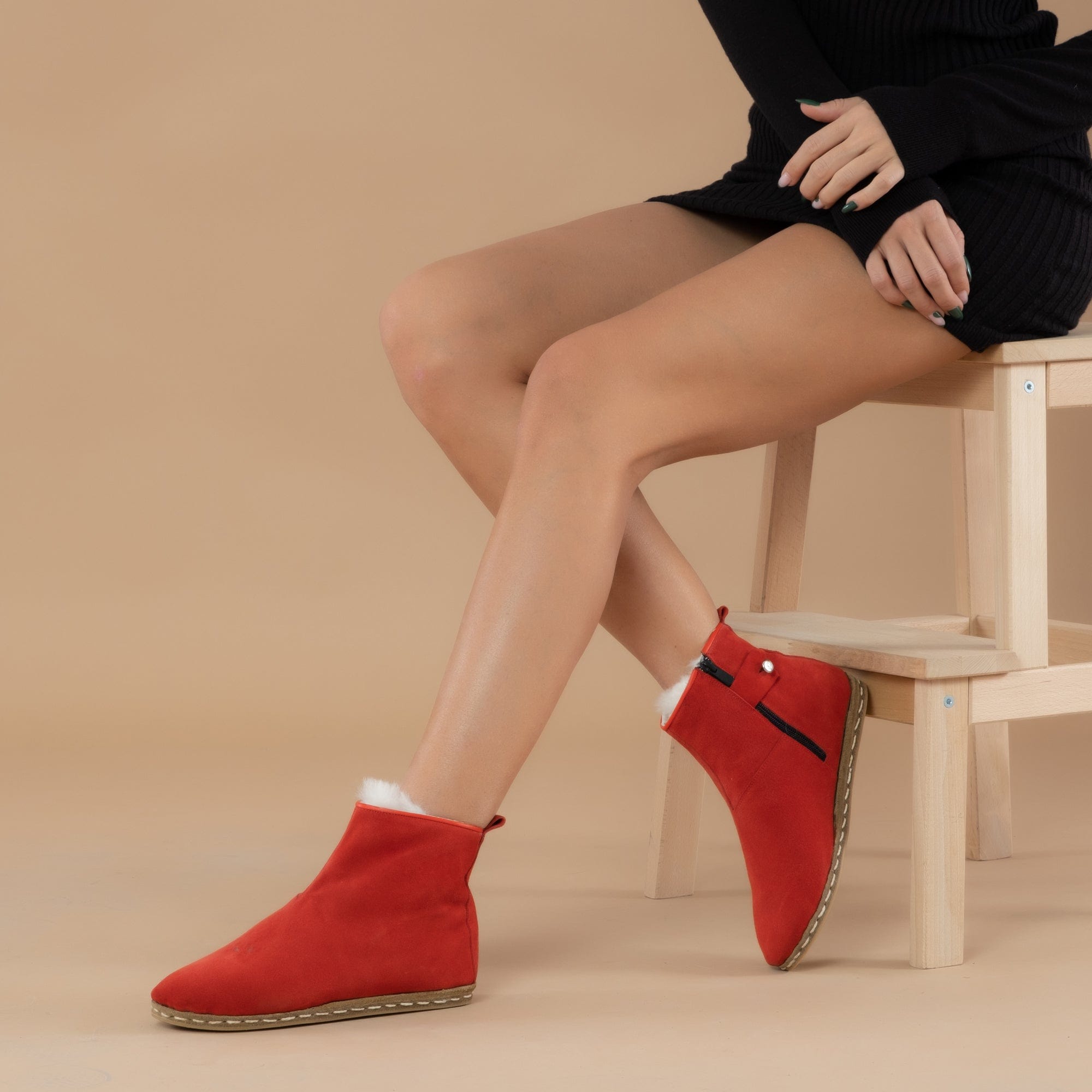 Red Shearling Boots Turkish Boots for Women Atlantis Handmade