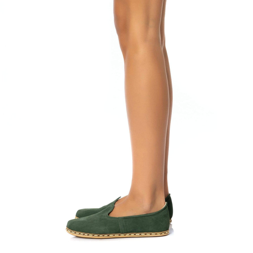 Grüne Nubukleder-Slip-On-Schuhe für Damen