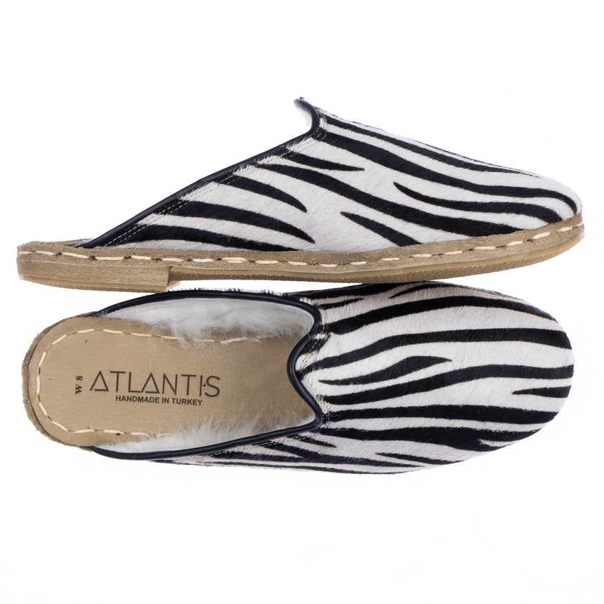 Women's Zebra Leather Shearling Slippers